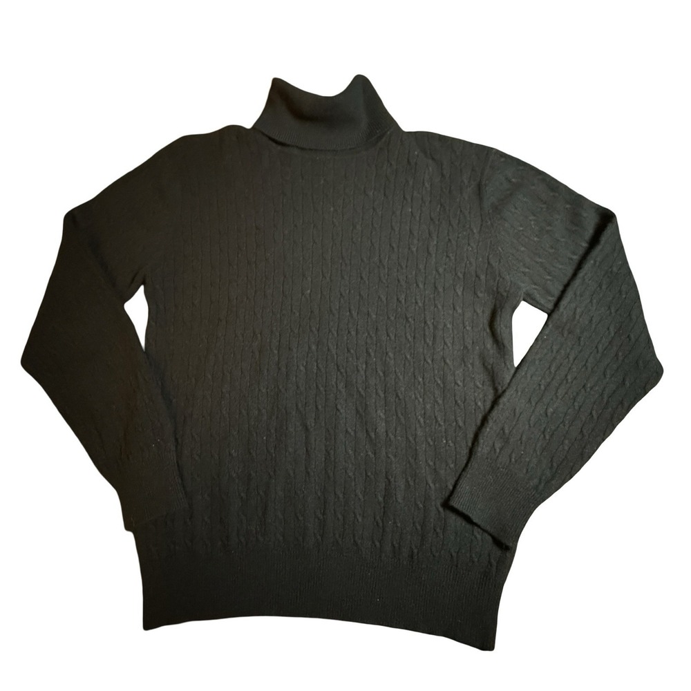 Valerie Stevens Two Ply Cashmere Black Turtleneck Sweater Cable Knit Large VTG